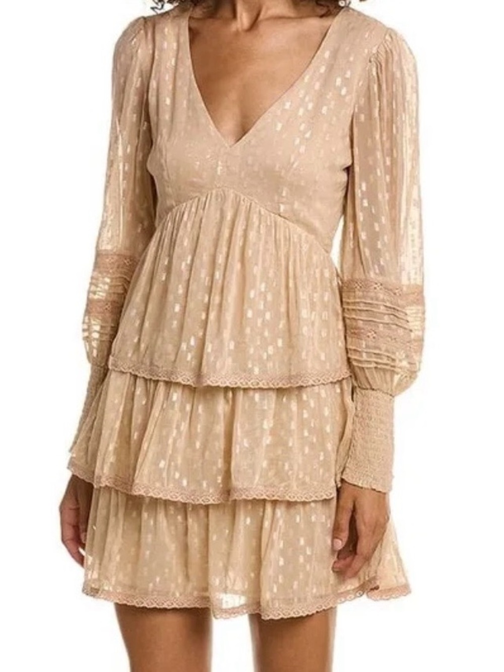 saltwater LUXE Beige Tiered V-Neck Long Sleeve Mini Dress